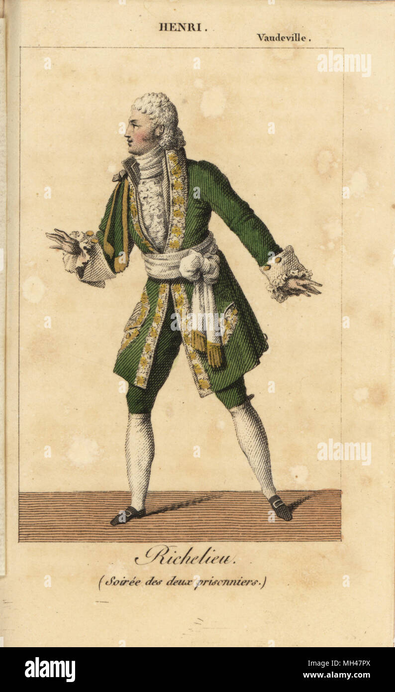 L'acteur français Henri comme Richelieu dans la pièce en un acte Soiree des deux prisonniers par Jacques-Marie Deschamps au Théâtre Vaudeville. Coloriée à la gravure sur cuivre de Carle Vernet après Charles Malo's Almanach des spectacles par K. Y. Z, Chez Louis Janet, Paris, 1820. Banque D'Images