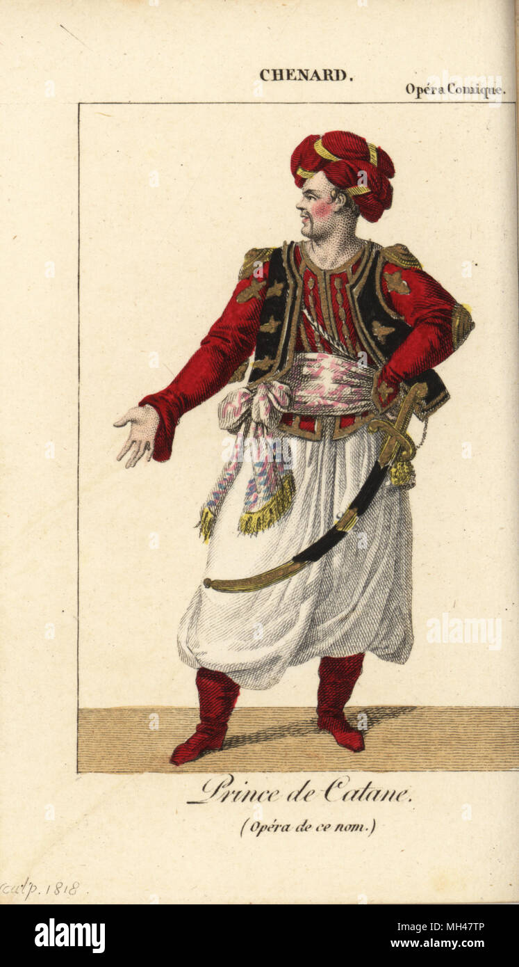 Le chanteur d'opéra français Simon Chenard 1758-1832 comme Prince de Catane dans l'opéra Prince de Catane par René Richard Castel après Voltaire à l'Opéra Comique, Paris, 1818. Coloriée à la gravure sur cuivre de Charles Malo's Almanach des spectacles par K. Y. Z, Chez Louis Janet, Paris, 1819. Banque D'Images