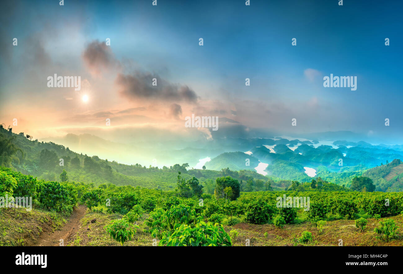 Ta Dung lac le matin quand le soleil se lève au sommet de la montagne brille dans le lac brouillard plein de brume et de petites îles paradise Banque D'Images