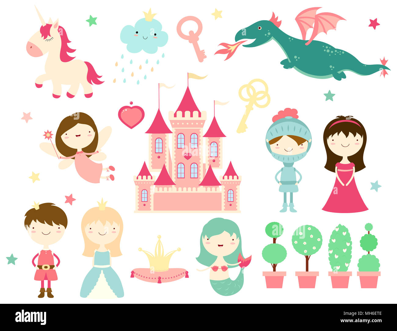 Vector Collection De Personnages De Contes De Fees Mignon Prince Princesse Chevalier Sirene Licorne Dragon Fee Chateau Dans Des Couleurs Pastel Spe8 Photo Stock Alamy