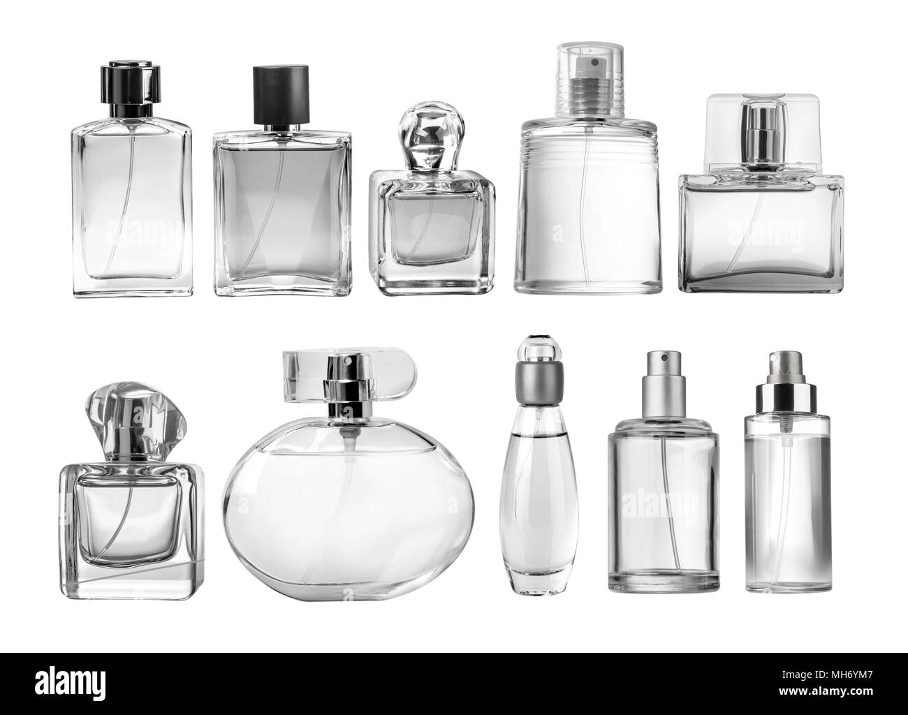 Gamme de flacons de parfum sur fond blanc Banque D'Images
