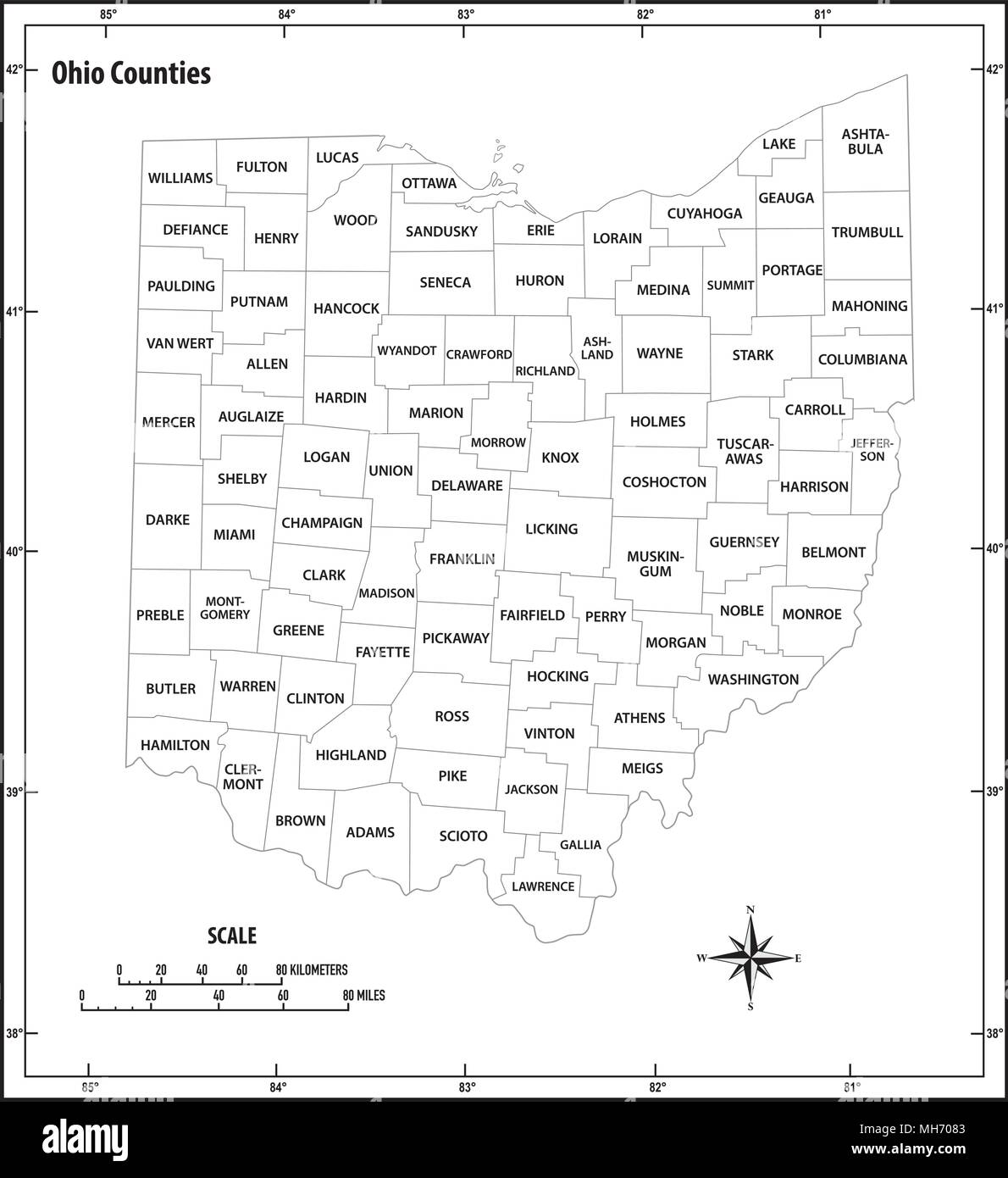 Aperçu de l'état de l'Ohio vecteur administratif et politique la carte en noir et blanc Illustration de Vecteur