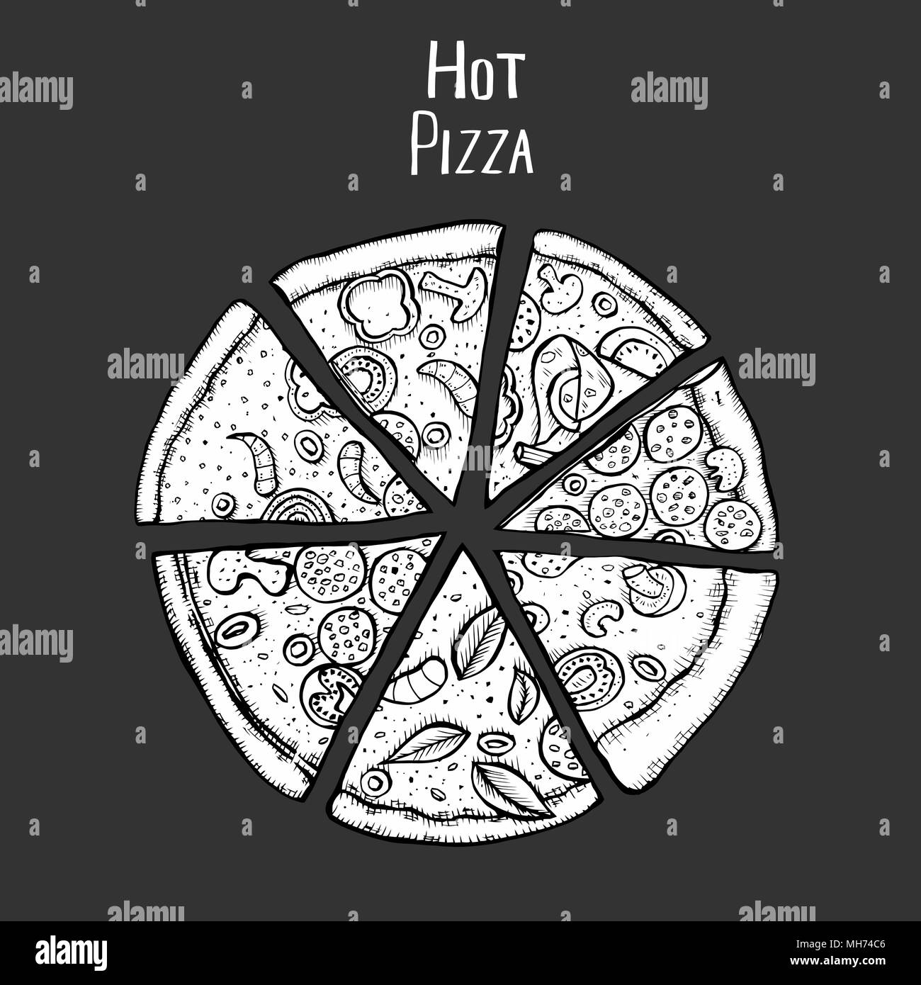 Pizza italienne monochrome hand drawn vector illustration. Tranches de pizza dans un cercle. Modèle de conception de l'emballage. Illustration croquis. Isolated on black Illustration de Vecteur