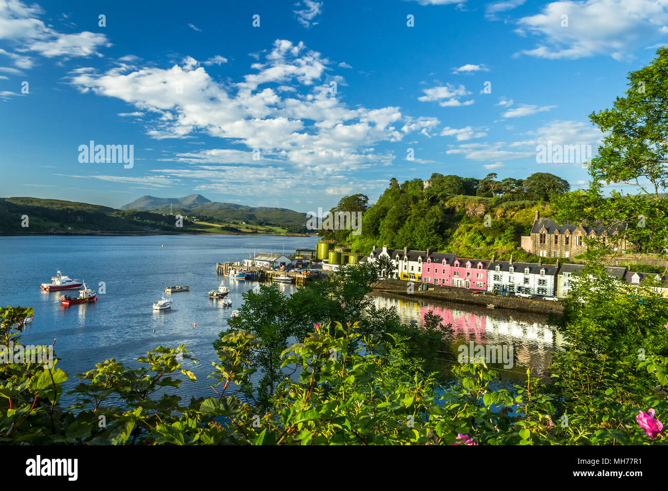 Portree skyline aux maisons colorées au port avec des bateaux dans la baie, le ciel bleu et les arbres en premier plan Banque D'Images