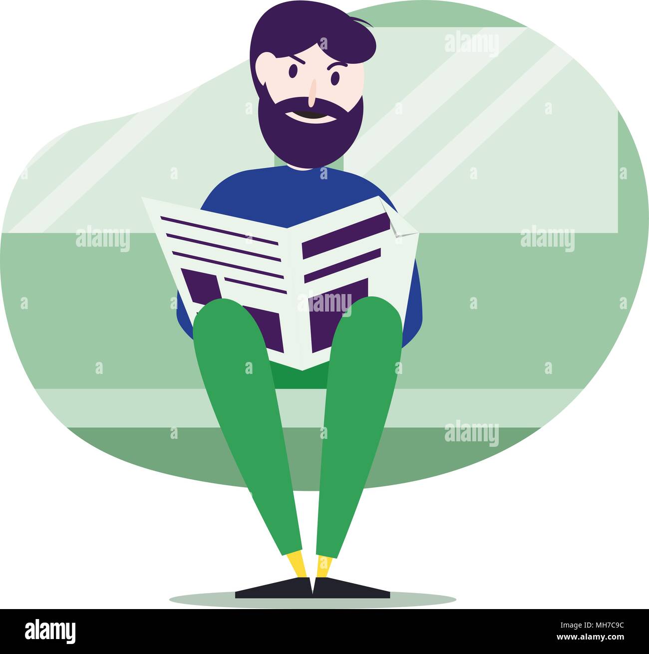 Caucasian man reading newspaper dans les transports publics. Hipster homme avec barbe voyager par les transports publics. Illustration de Vecteur