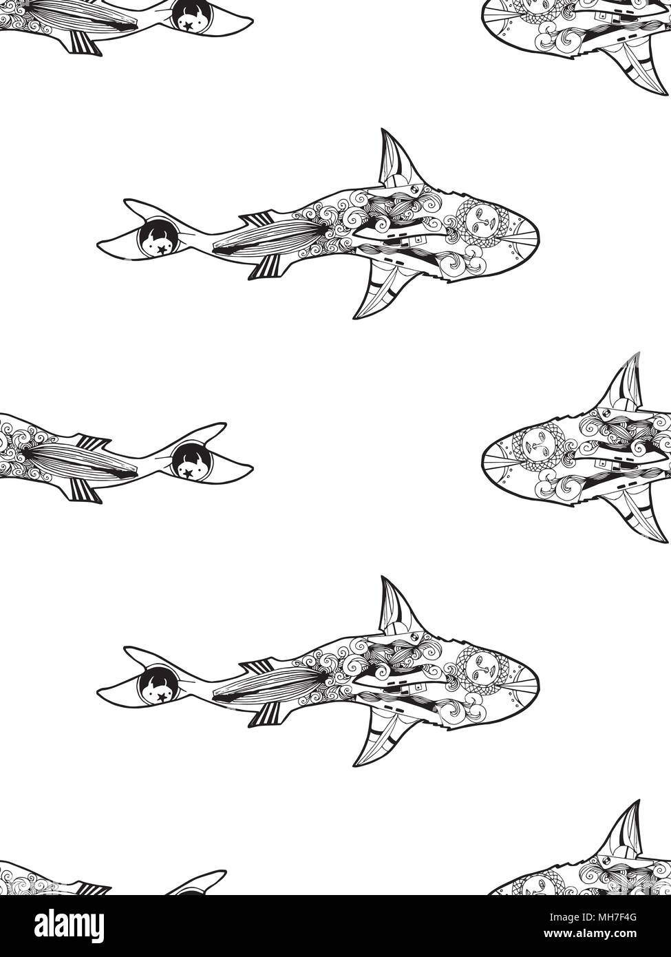 Profil de zentangle sans vecteur requin sur fond blanc. Coloriages livre anti stress pour les requins adultes vue d'en haut. Illustration de Vecteur