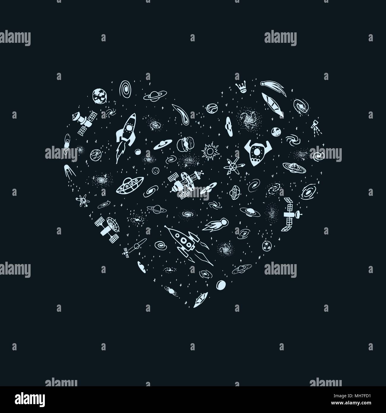 Vector illustration de l'objet spatial en forme de coeur. Coeur magique à partir de la fusée, galaxie, étoile, planète, ovni. Carte de souhaits pour la Saint-Valentin Illustration de Vecteur
