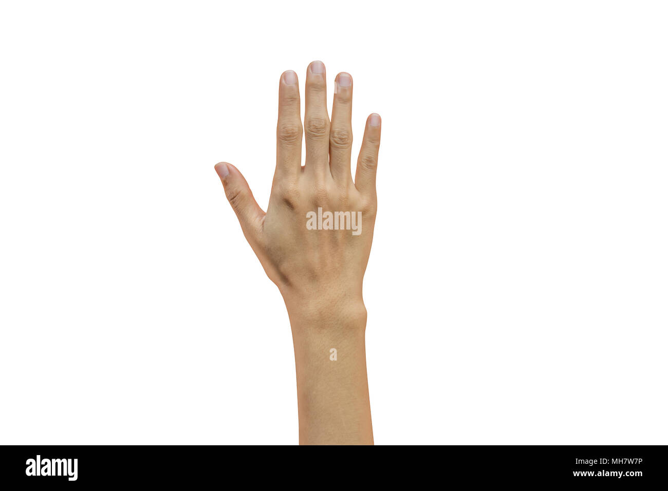 Main femme montrant cinq doigts isolé sur fond blanc avec clipping path Banque D'Images