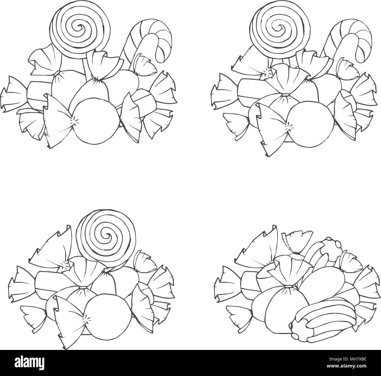 Hand drawn vector set de guimauve et les contours des pieux bonbons enveloppés isolé sur le fond blanc. Décoration avec des sucreries contour. Illustration de Vecteur