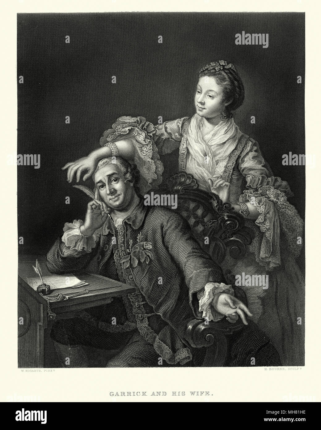 Vintage illustration de David Garrick avec son épouse Eva-Maria Veigel, après William Hogarth. 17e siècle. David Garrick est un acteur, dramaturge, directeur de théâtre et producteur qui a influencé presque tous les aspects de la pratique théâtrale à travers le 18e siècle. Banque D'Images