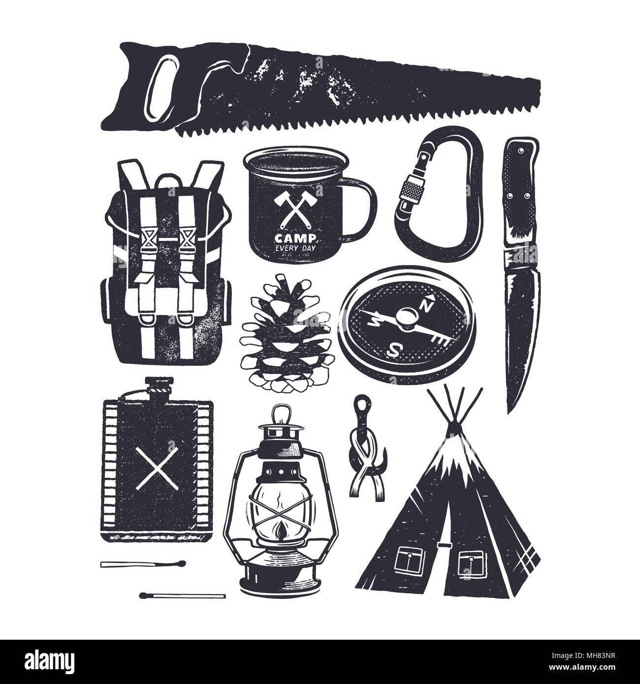 Vintage hand drawn camping symboles. La randonnée des icônes dans le style monochrome rétro. Éléments d'aventure en montagne de Silhouette. Idéal pour création de logo, infographie. Vecteur Stock Illustration de Vecteur
