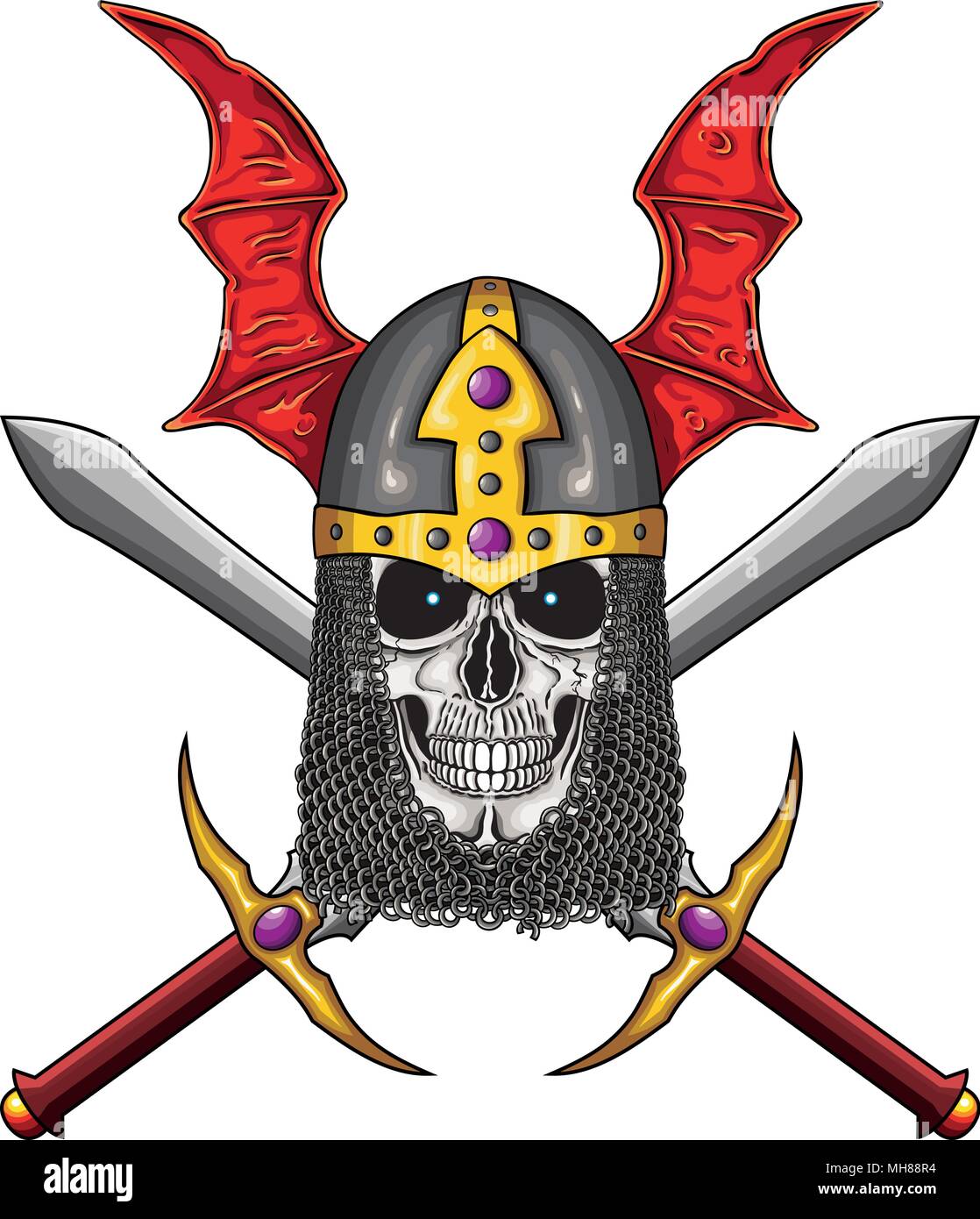 Illustration Vecteur de mort-vivant guerrier crâne avec casque médiéval  fantastique et deux épées Image Vectorielle Stock - Alamy