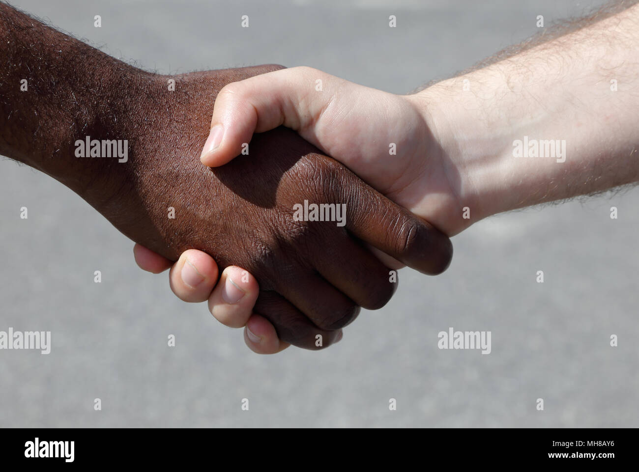 African and Caucasian men shaking hands outdoors. Banque D'Images