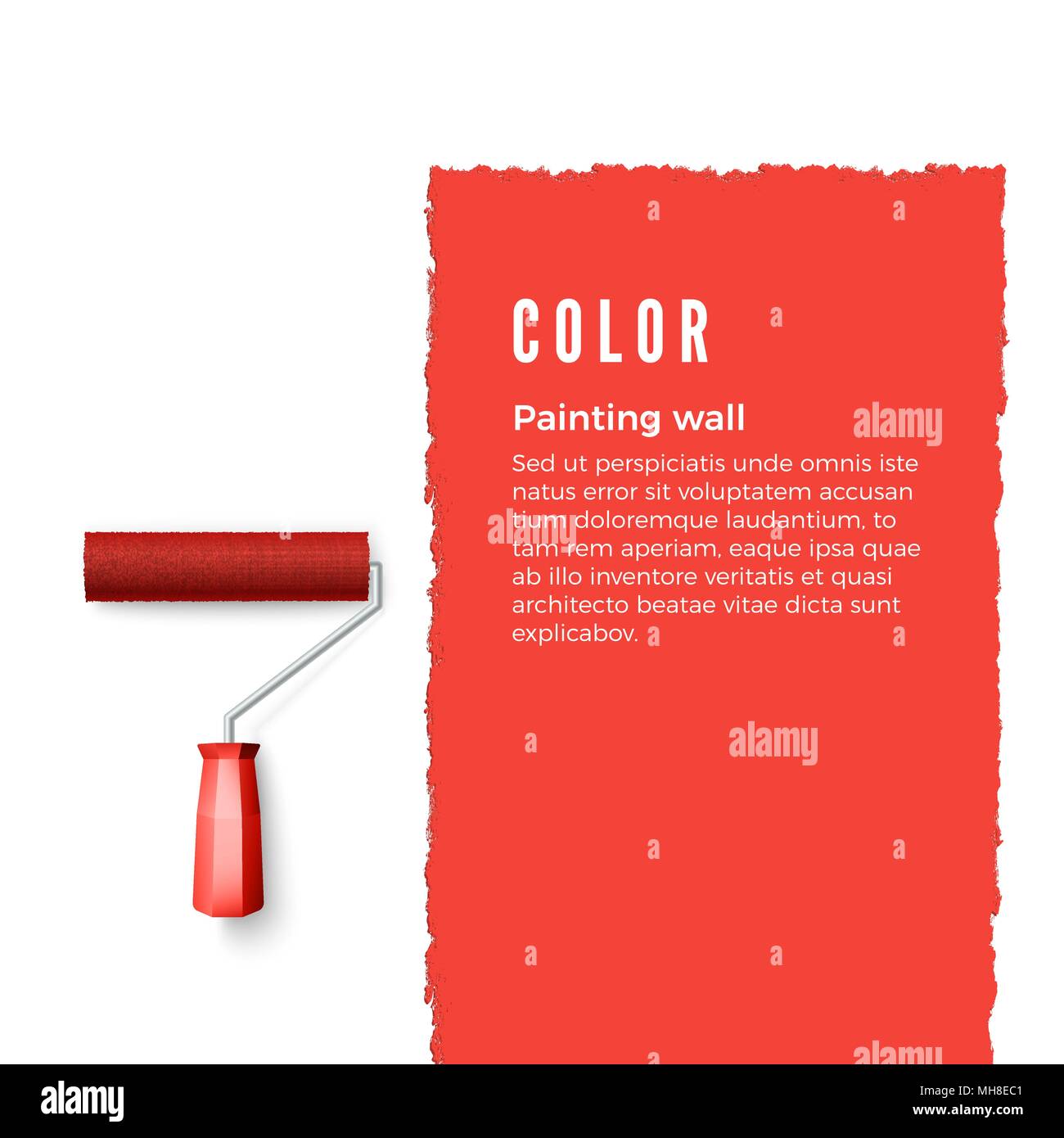 Rouleau à peindre avec de la peinture rouge et l'espace pour le texte ou autre dessin sur mur vertical. Brosse rotative pour le texte. Vector illustration Illustration de Vecteur