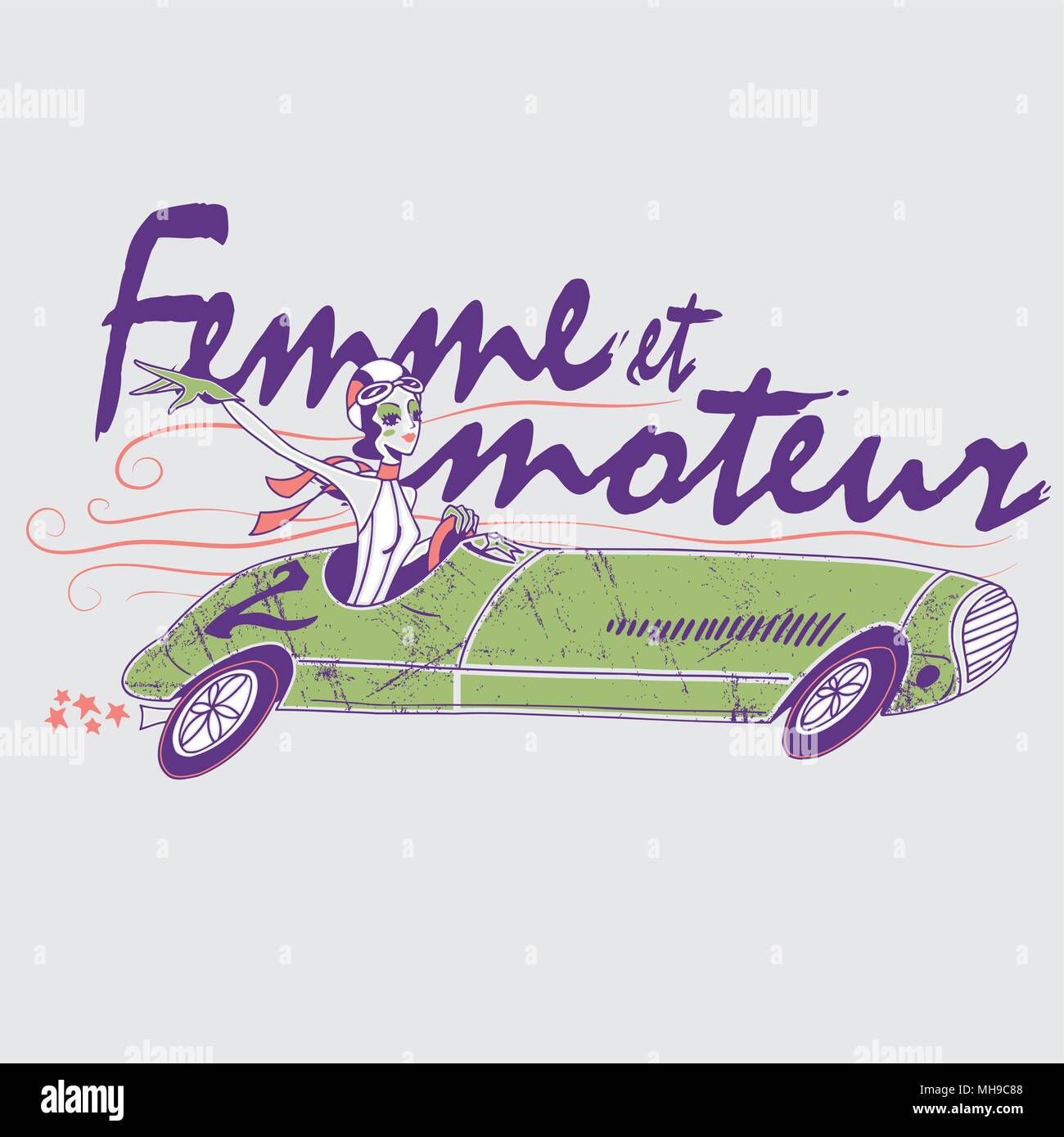 Vector illustration d'une jeune fille heureuse de conduire une voiture de course. Avec l'affiche de la fille au volant d'une voiture de course dans une télévision moderne style. Illustration de Vecteur