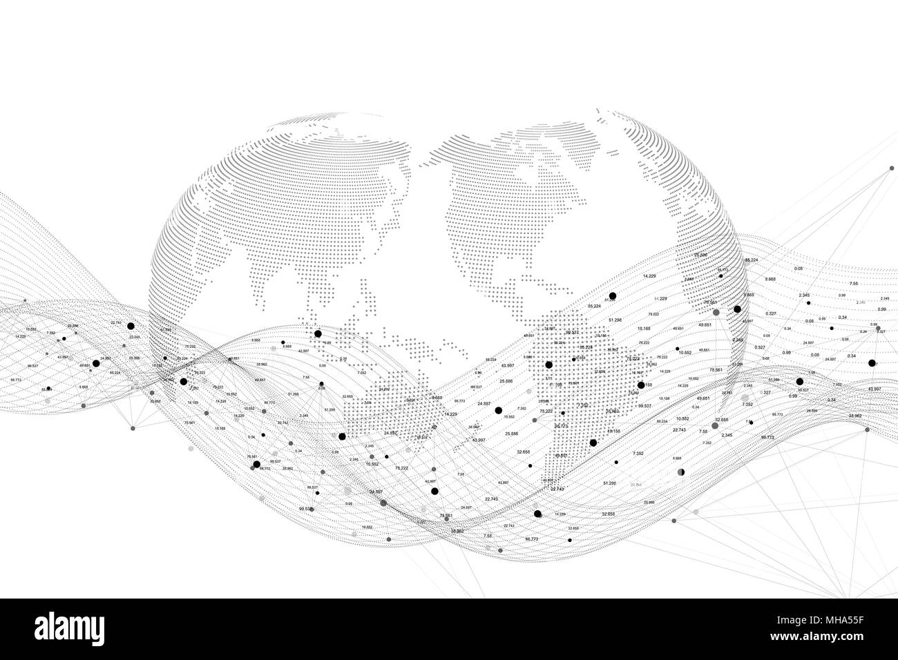 Résumé fond vecteur dynamique avec des lignes courbes et dot, dynamique des particules. Résumé de la structure de données numériques du plexus, particules et connexio dots. La complexité du réseau. Illustration de Vecteur