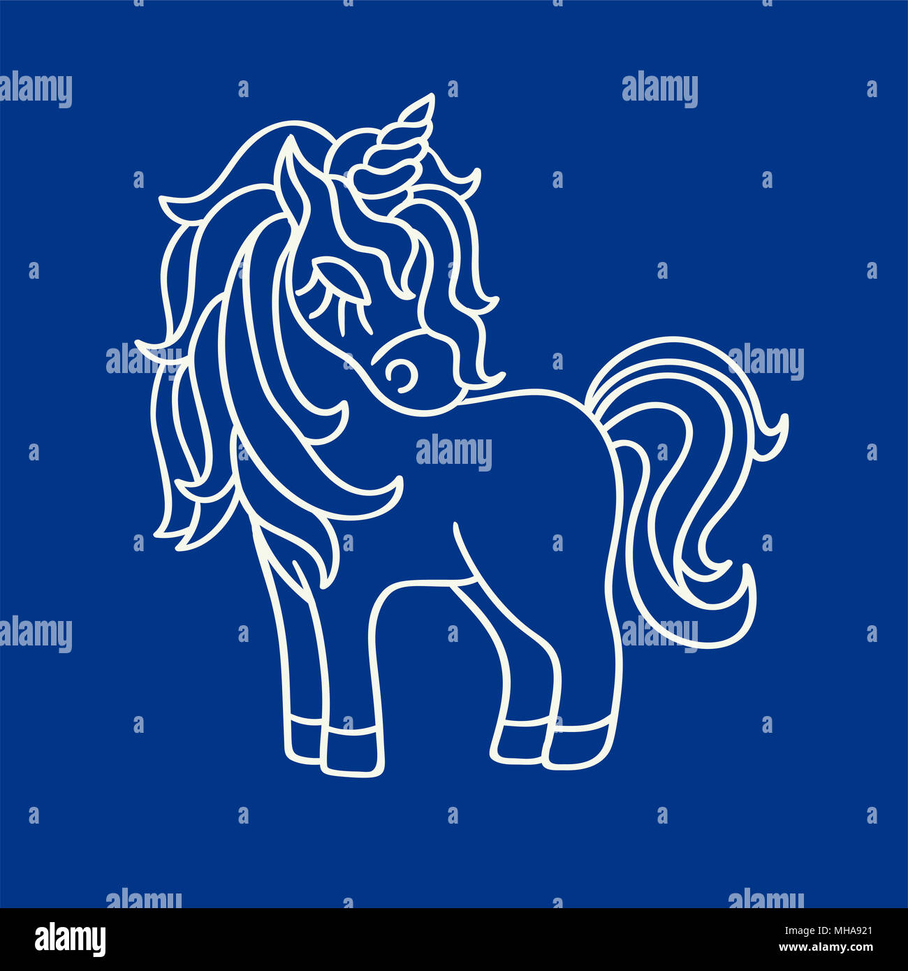 Cute white unicorn croquis silhouette icône sur le fond bleu Banque D'Images