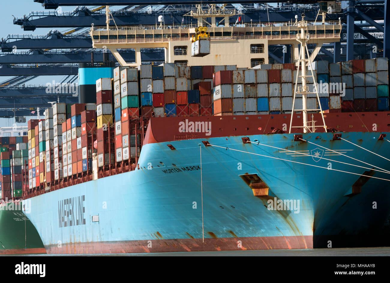 Morten Maersk container ship, port de Felixstowe, Suffolk, UK. Banque D'Images