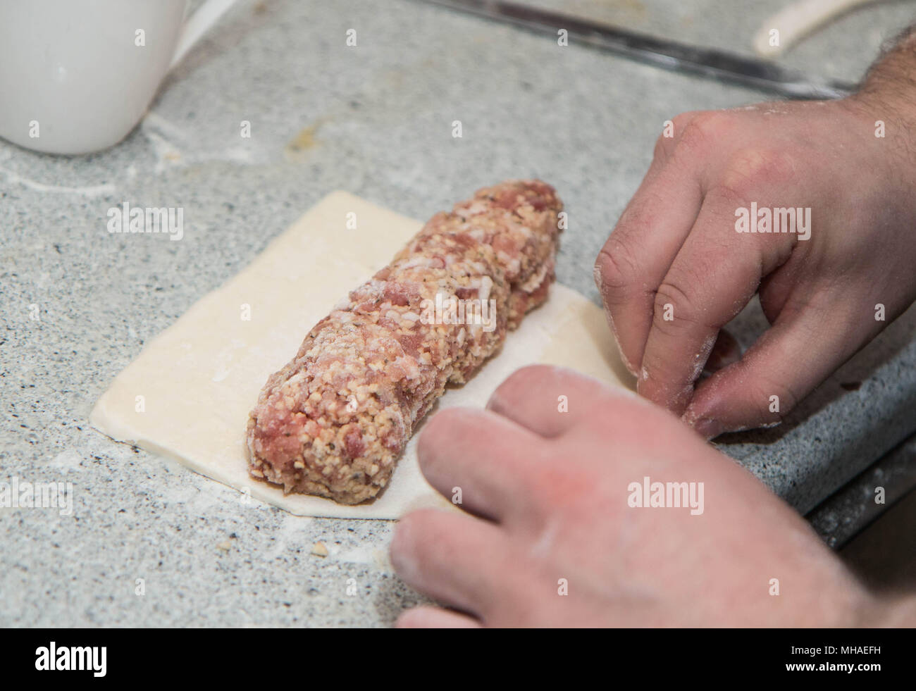 Les bouchers artisanaux rouleaux saucisse Banque D'Images