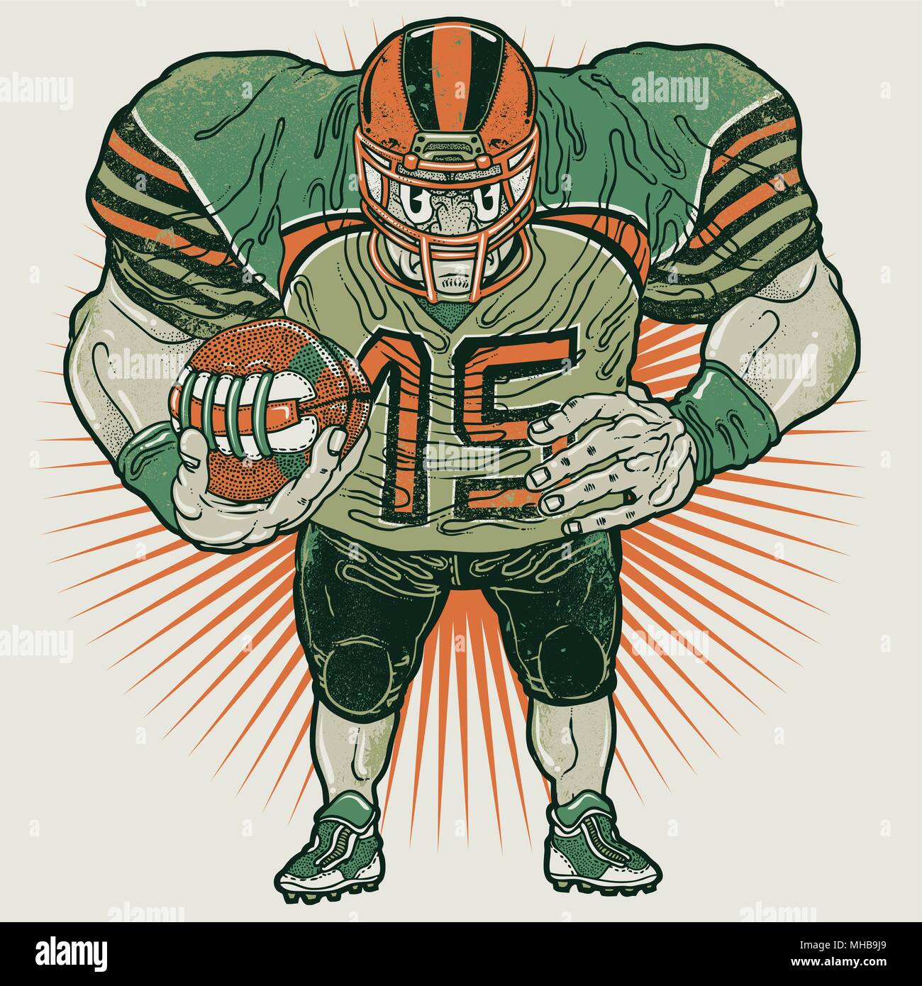 Joueur de football américain agressif. Vector illustration d'un joueur de football américain musculaire holding ball. Vue de face. Illustration de Vecteur