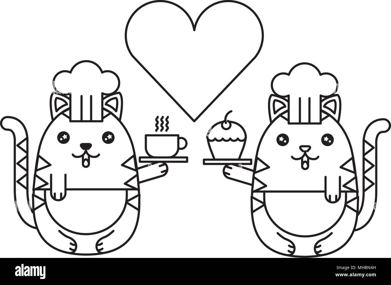 Couple cute cats chefs avec coeur kawaii character vector illustration design Illustration de Vecteur