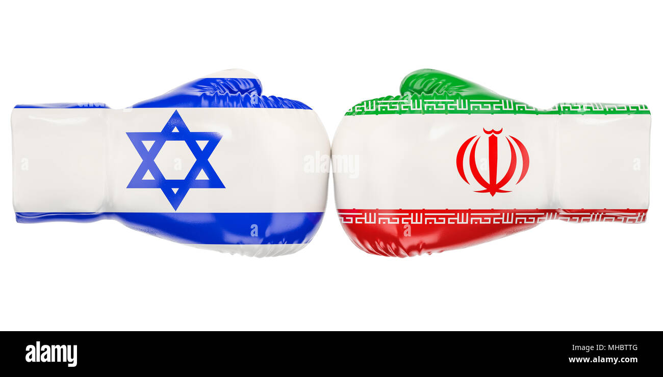 Gants de boxe avec des drapeaux israéliens et iraniens. Concept de conflit les gouvernements, rendu 3D Banque D'Images