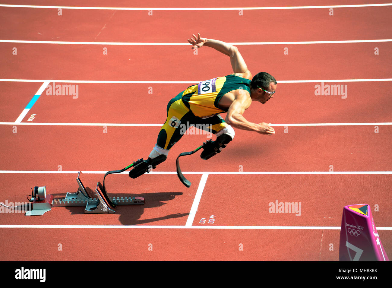 Oscar Pistorius d'Afrique du Sud au début de sa chaleur préliminaires dans l'épreuve du 400 mètres. Banque D'Images