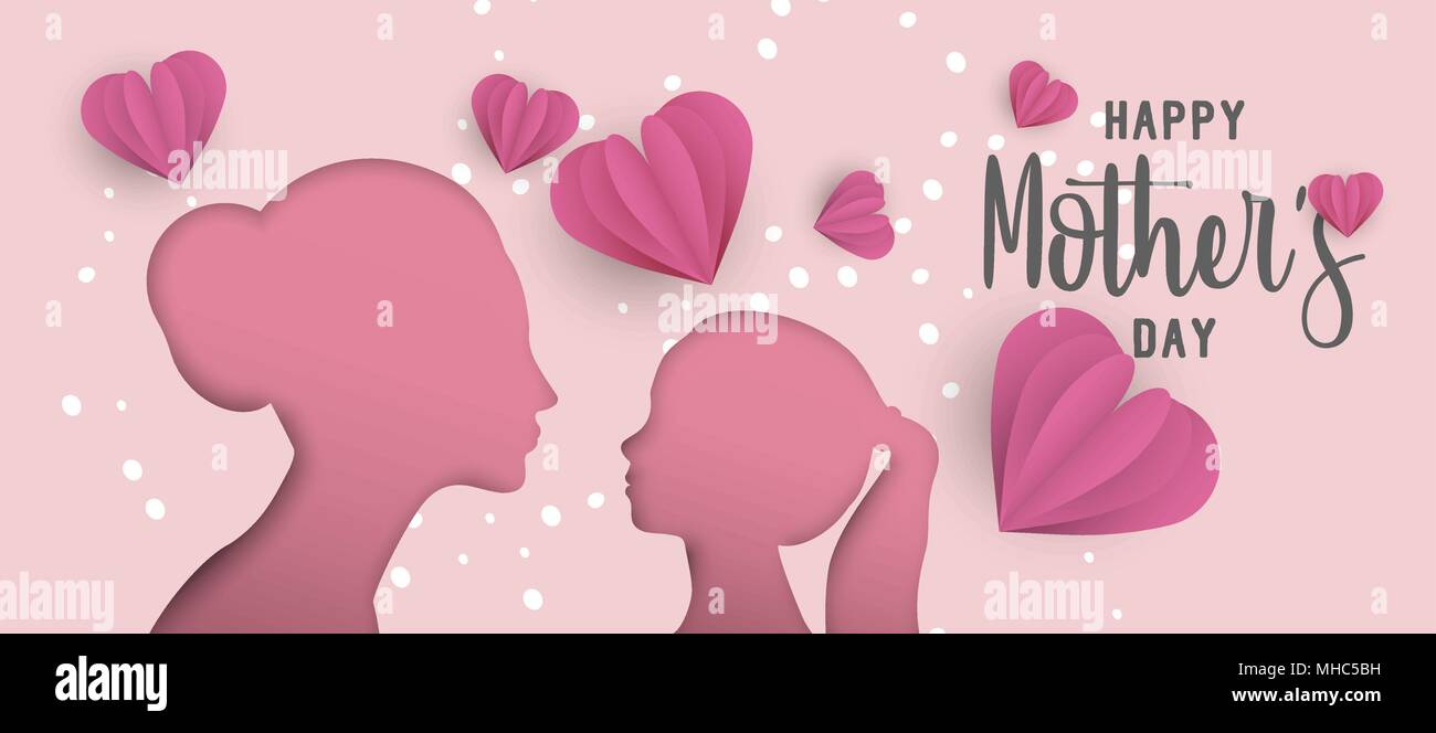 Happy Mothers Day maison de l'illustration. Coupe papier rose fille et maman découpe silhouette avec ressort doodles. Format horizontal idéal pour la conception de site web bann Illustration de Vecteur