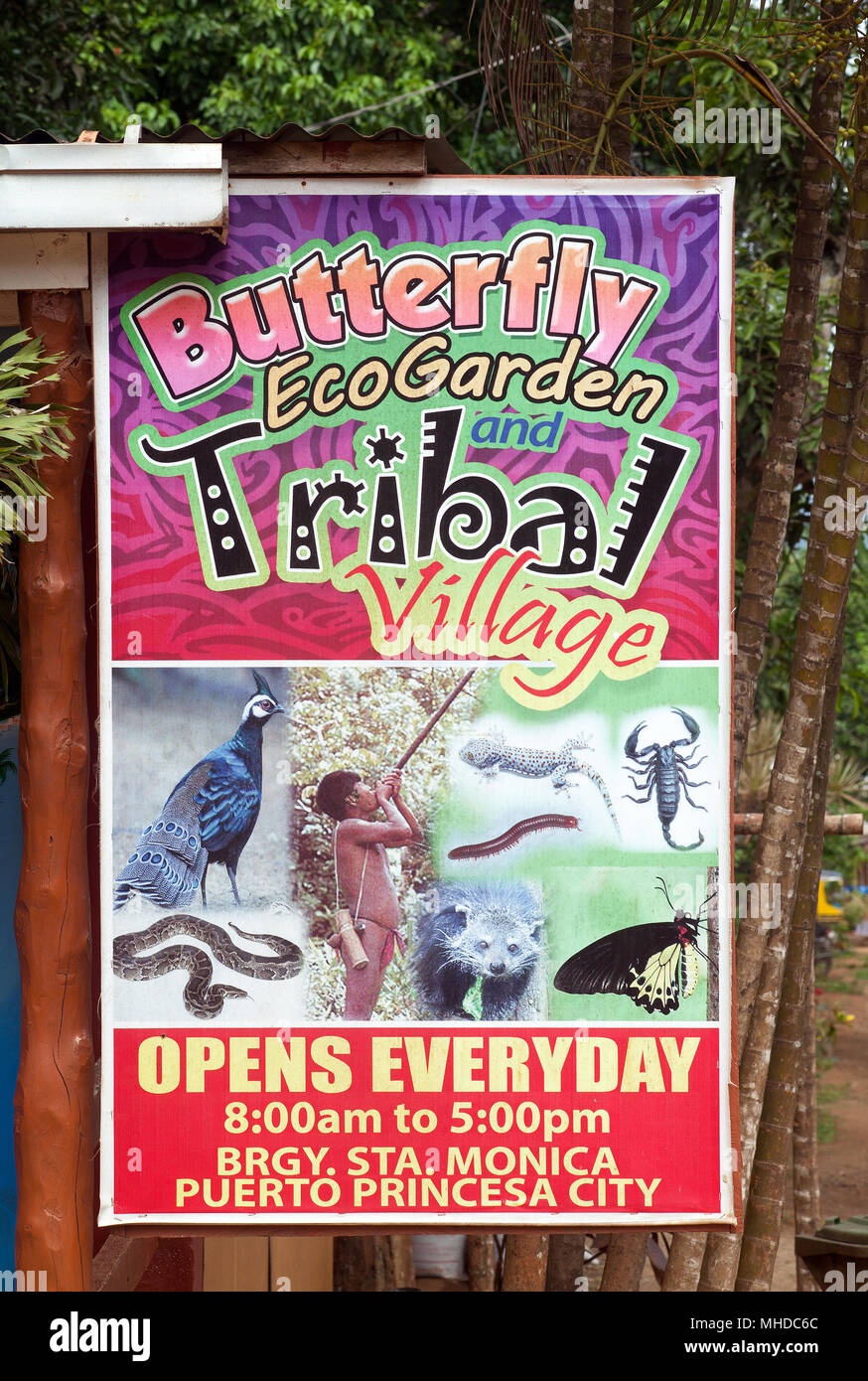 Poster votre annonce pour le papillon et Jardin Eco Village tribal à Puerto Princesa, Palawan, Philippines. Banque D'Images