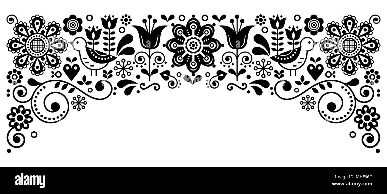 L'art populaire scandinave frame border vector retro design de carte de vœux, en noir et blanc floral ornament avec birs et fleurs Illustration de Vecteur