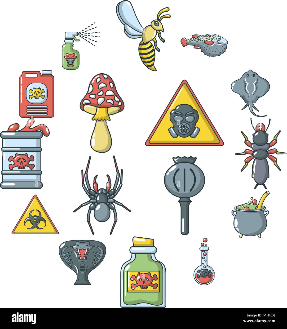 Danger Toxique Poison icons set, cartoon style Illustration de Vecteur