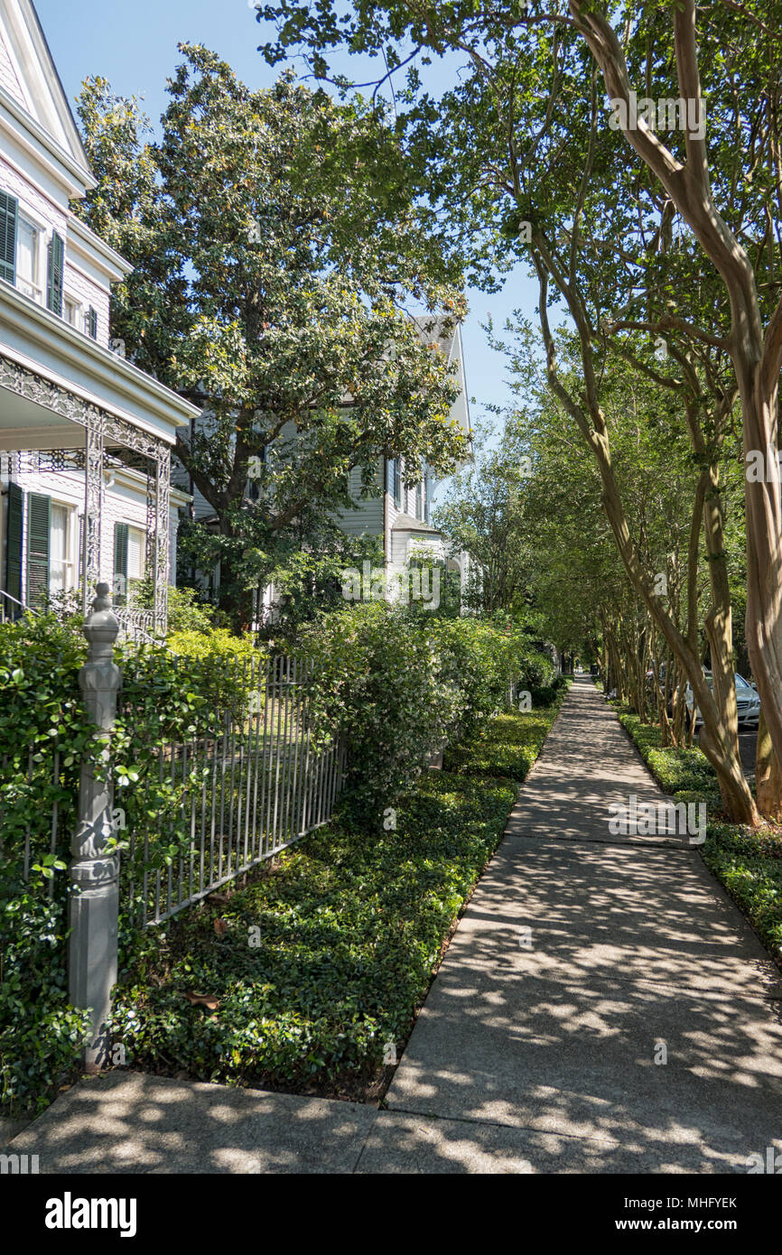Maison à New Orleans Garden District sur une rue ombragée et ensoleillée au printemps Banque D'Images