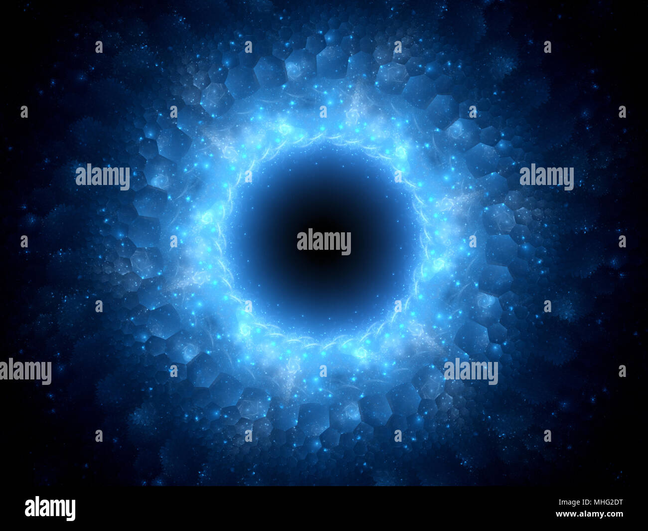 Rougeoyant bleu stargate magique dans l'espace avec les modèles hexagonaux, générée par ordinateur résumé fond, rendu 3D Banque D'Images