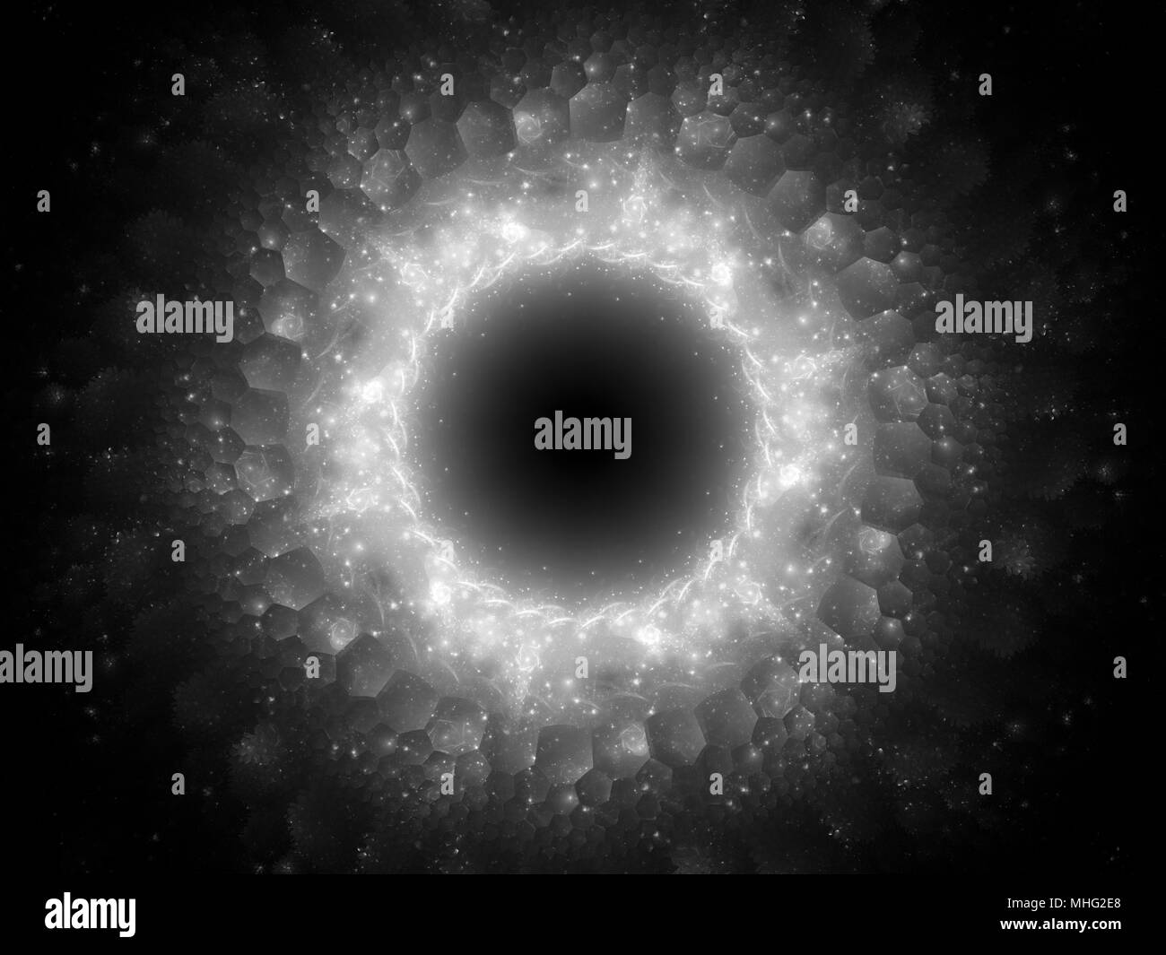 Stargate magique rougeoyant dans l'espace avec les modèles hexagonaux, générée par ordinateur noir et blanc abstrait, l'intensité de texture map, rendu 3D Banque D'Images