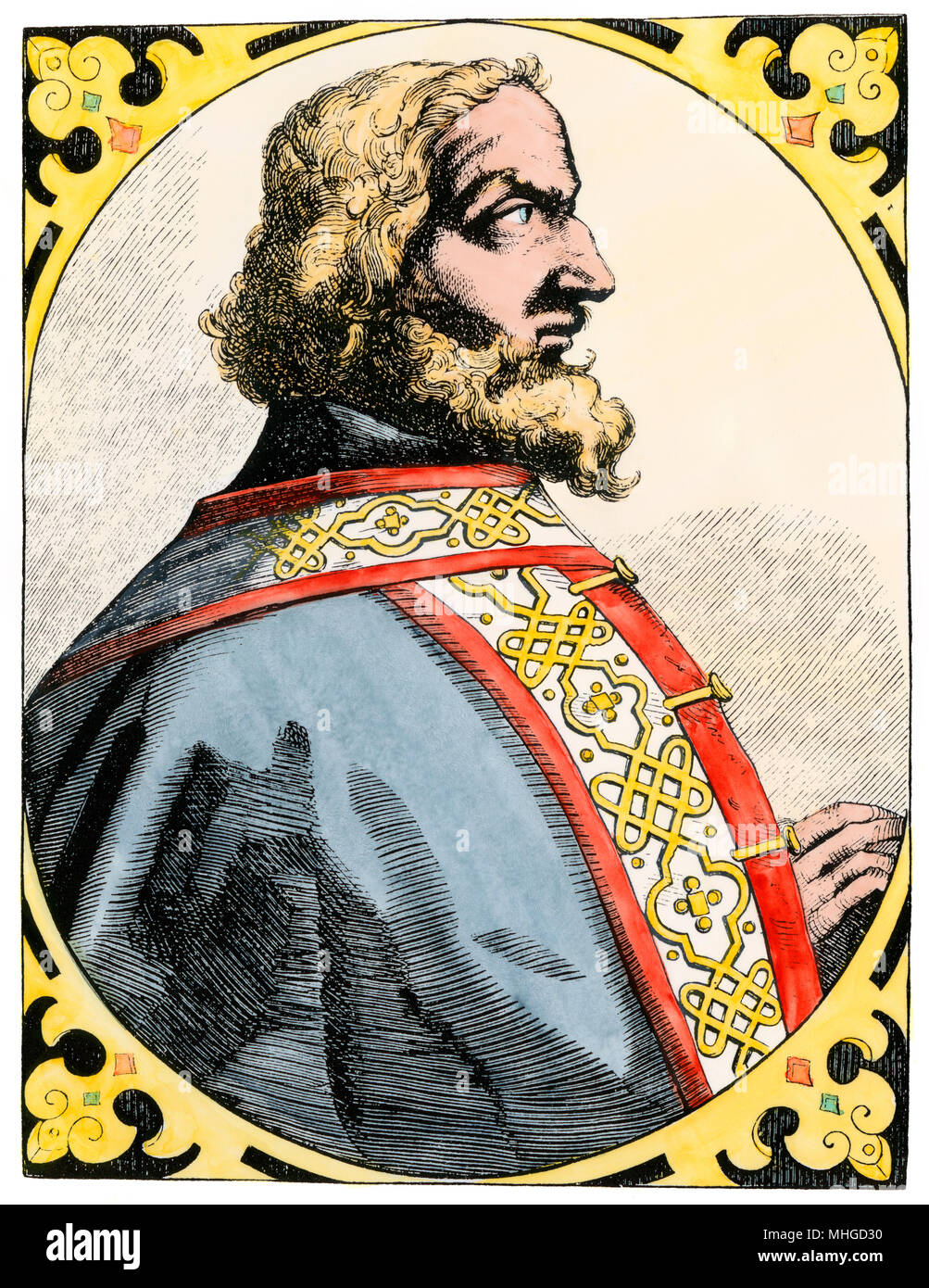 Charlemagne, appelé le roi avec la barbe Grizzly dans la Chanson de Roland. À la main, gravure sur bois Banque D'Images