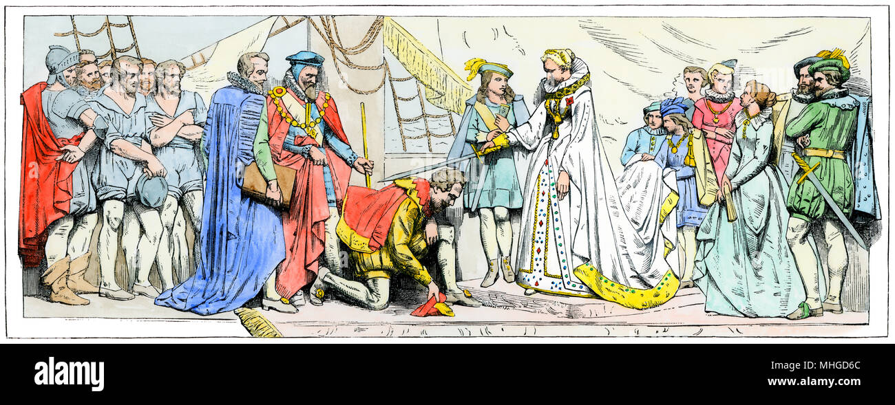La reine Elizabeth knighting Francis Drake après la défaite de l'Armada espagnole. À la main, gravure sur bois, d'un bas-relief à la Chambre des Lords Banque D'Images