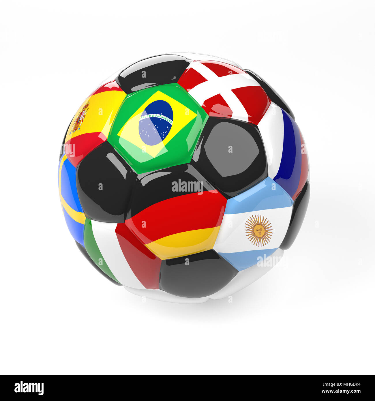 Ballon de soccer avec différents drapeaux, concours mondial de soccer, 3d renderring Banque D'Images