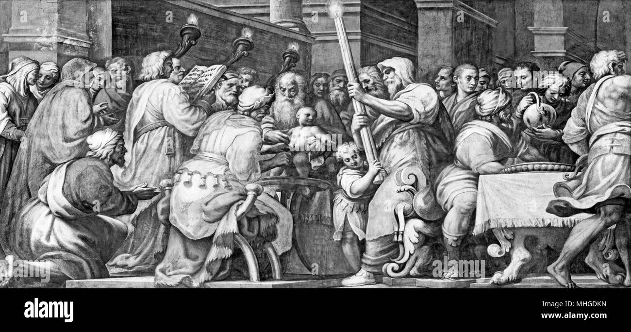 Parme, Italie - 16 avril 2018 : la fresque la circoncision de Jésus dans la Cathédrale par Lattanzio Gambara (1567 - 1573). Banque D'Images