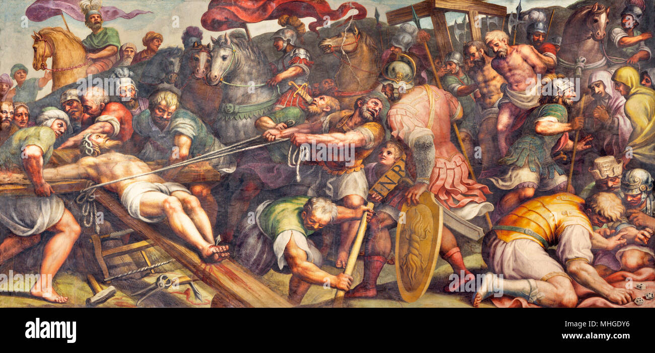 Parme, Italie - 16 avril 2018 : la fresque de l'Exaltation de la Sainte Croix dans la Cathédrale par Lattanzio Gambara (1567 - 1573). Banque D'Images