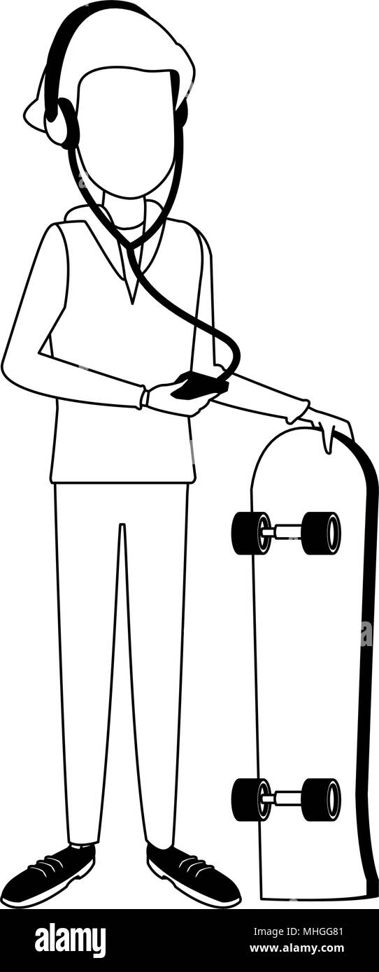 Écouter la musique avec des jeunes patineurs sur smartphone noir et blanc Illustration de Vecteur