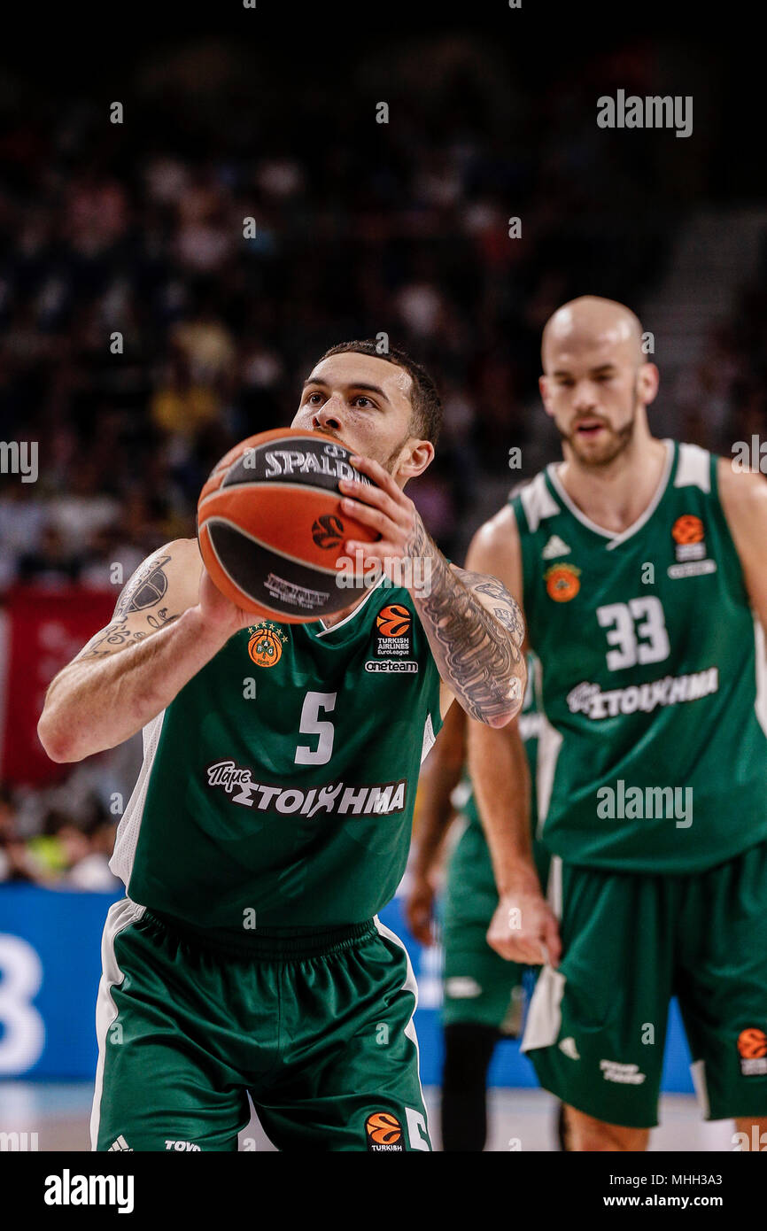 Wizink Centre, Madrid, Espagne. Apr 25, 2018. Turkish Airlines Euroleague Basketball, Real Madrid Baloncesto contre Panathinaikos Athènes superaliments ; Mike James Panathinaikos (BC) à la ligne de lancer franc Credit : Action Plus Sport/Alamy Live News Banque D'Images