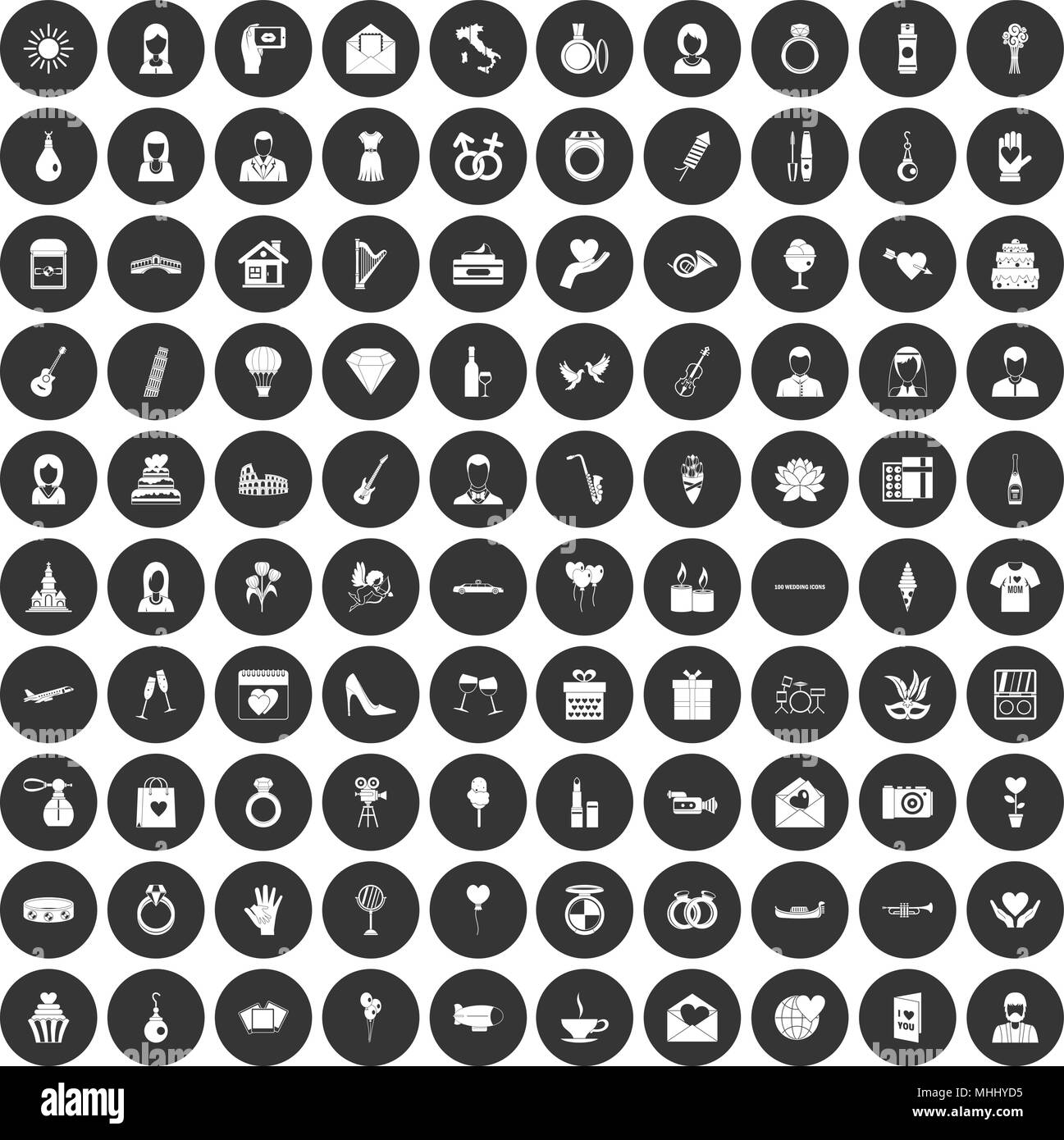 Mariage 100 icons set cercle noir Illustration de Vecteur