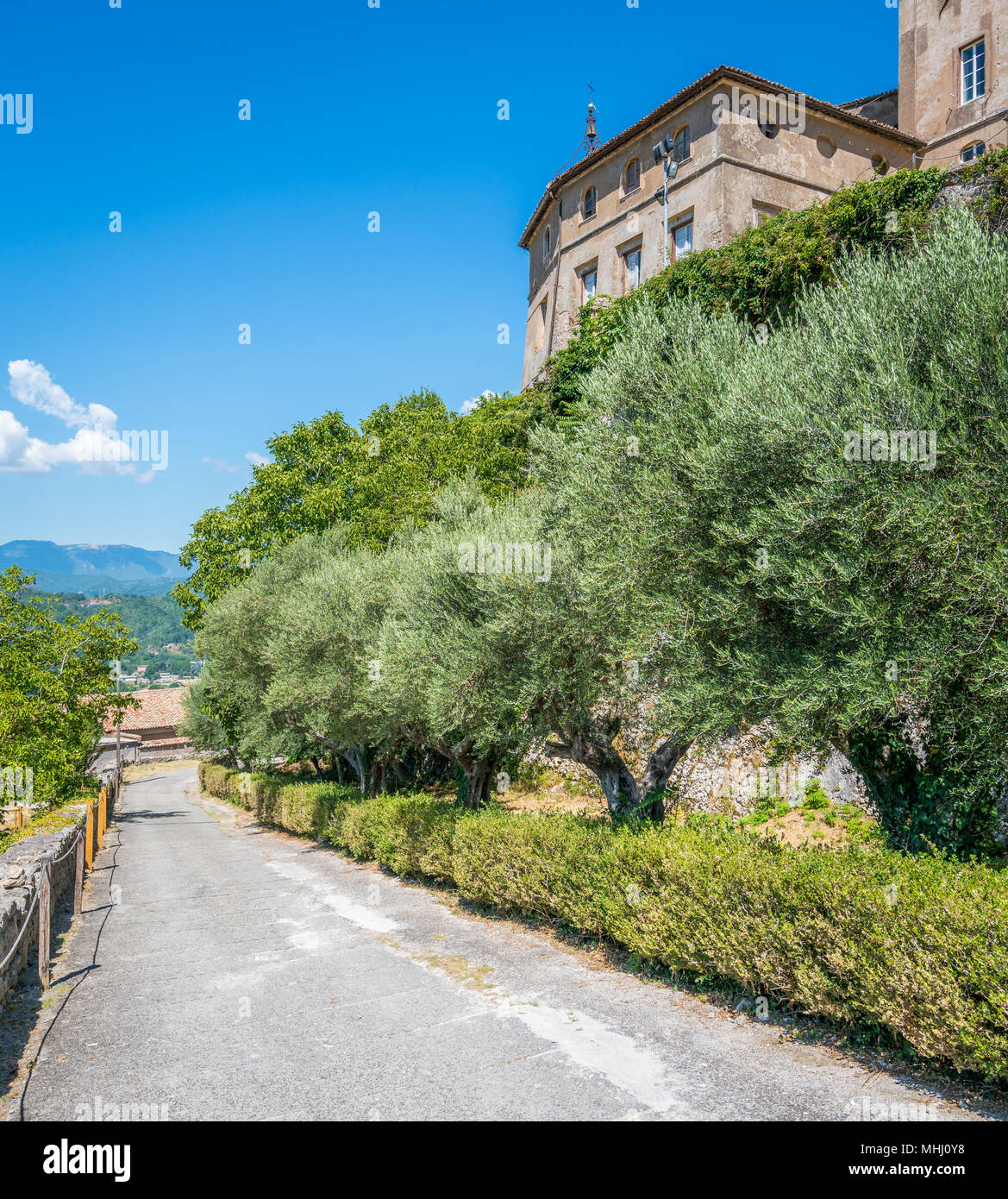 Le Borgia (forteresse Rocca dei Borgia) à Subiaco dans un matin d'été, province de Viterbe, Latium, Italie centrale. Banque D'Images