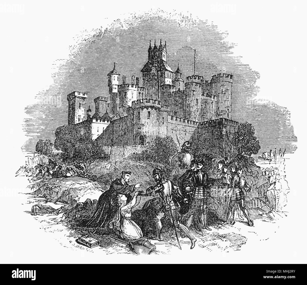 Sandal Castle est un château médiéval en ruine Sandal Magna, une banlieue de la ville de Wakefield, dans le West Yorkshire, Angleterre. En décembre 1460, au cours de la guerre des Deux-Roses, Richard Plantagenêt fait une offre pour le discours du trône et s'est rendu à Sandal Castle, soit pour consolider sa position ou pour lutter contre la dissidence Lancastre. Il avait une armée de 3 000-8 000 hommes mais le 30 décembre à la bataille de Wakefield, il a été dépassé et outmaneuvered par Queen Margaret's, à proximité de l'armée venant de Pontefract. Richard a subi une défaite écrasante et lui et son plus jeune fils, Edmund, comte de Rutland ont été tués. Banque D'Images