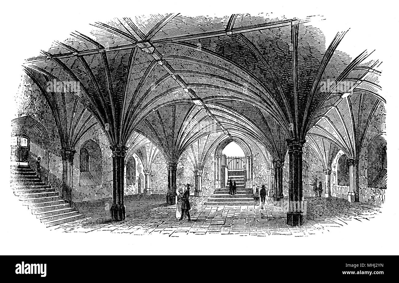 La crypte de la Guildhall située au large de Gresham et Basinghall rues, à Londres. Le bâtiment a été utilisé comme hôtel de ville pendant plusieurs centaines d'années, et est encore le cérémonial et centre administratif de la ville de Londres et sa société. La première mention documentaire à un London Guildhall est datée de 1128 et l'actuel hall's west crypt peut faire partie d'un bâtiment de la fin du 13ème siècle, le site d'une ancienne maison de corporation. Banque D'Images