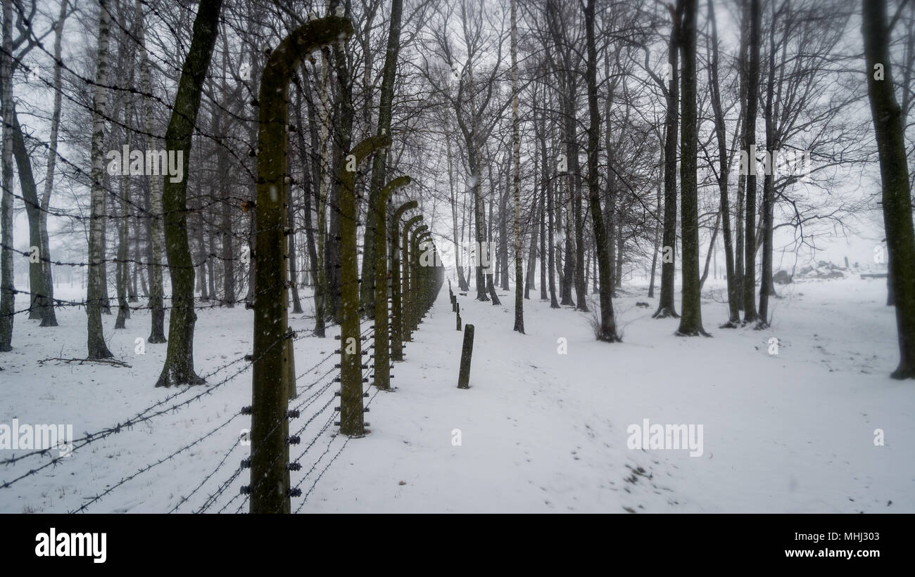 Scène hivernale à Auschwizt II Birkenau Camp de concentration - Pologne Banque D'Images