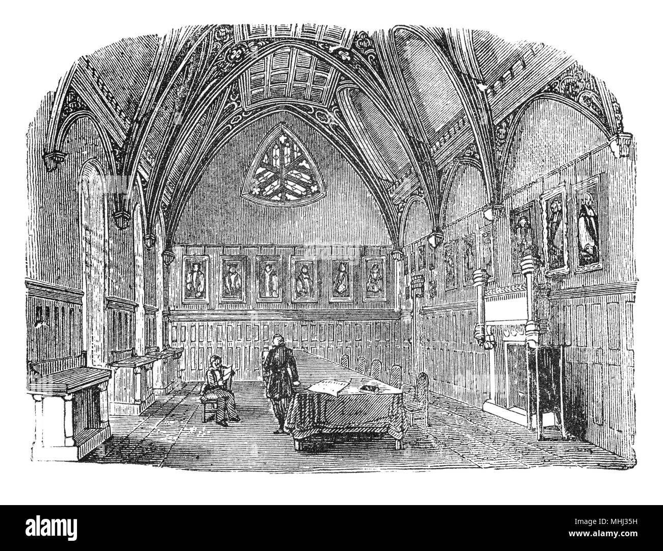 Vue de l'intérieur de la salle de garde à Lambeth Palace, sur la rive sud de la Tamise, Londres, Angleterre. Il contenait des armes et armure pour la défense du palais, mais est maintenant utilisé comme salle à manger d'état. Le bâtiment, à l'origine appelé le Manoir de Lambeth ou maison de Lambeth, a été - pour près de 800 ans - la résidence de Londres de l'archevêque de Canterbury, dont la résidence d'origine était à Canterbury, Kent. Banque D'Images