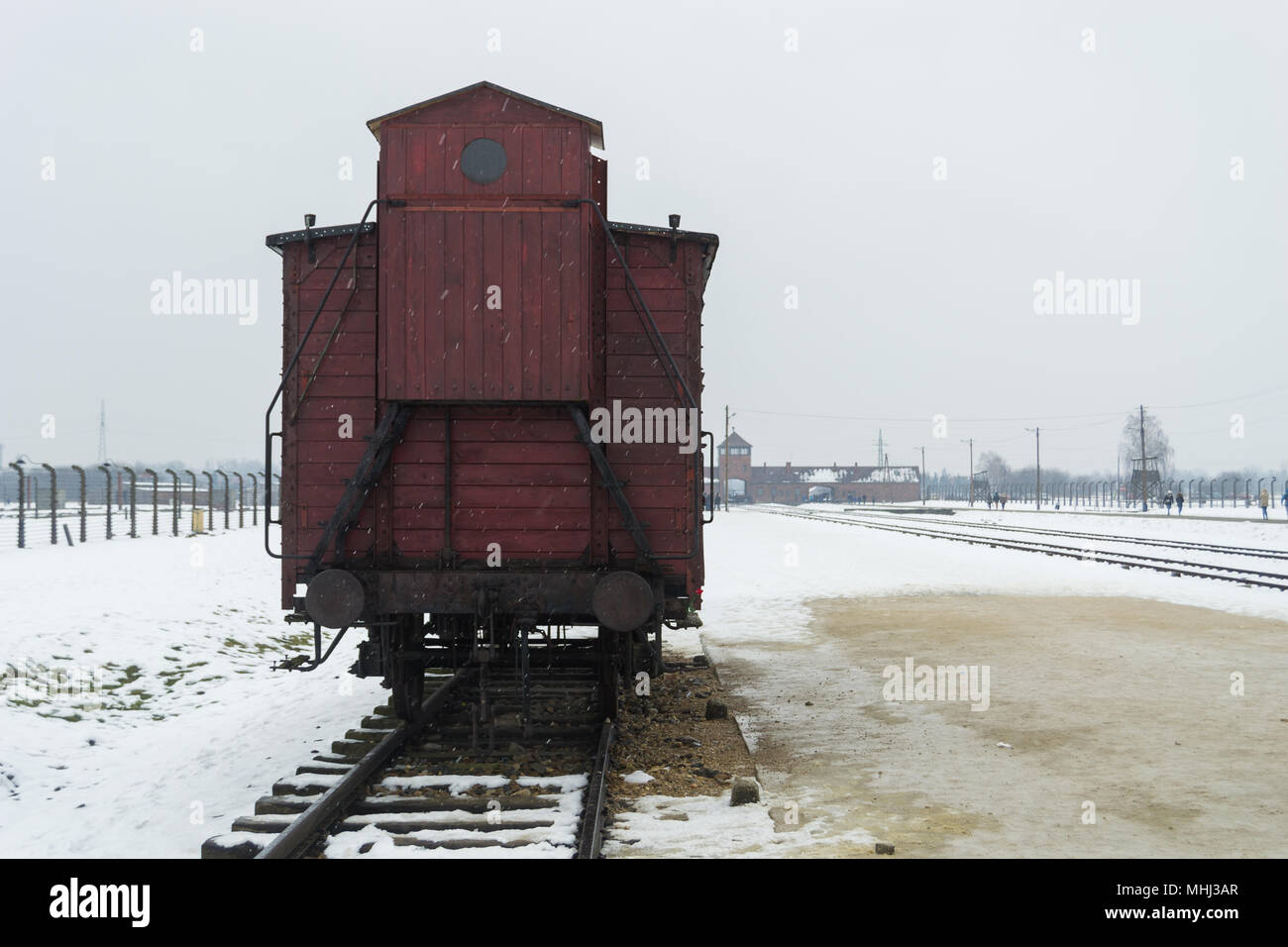 Scène hivernale à Auschwizt II Birkenau Camp de concentration - Pologne Banque D'Images