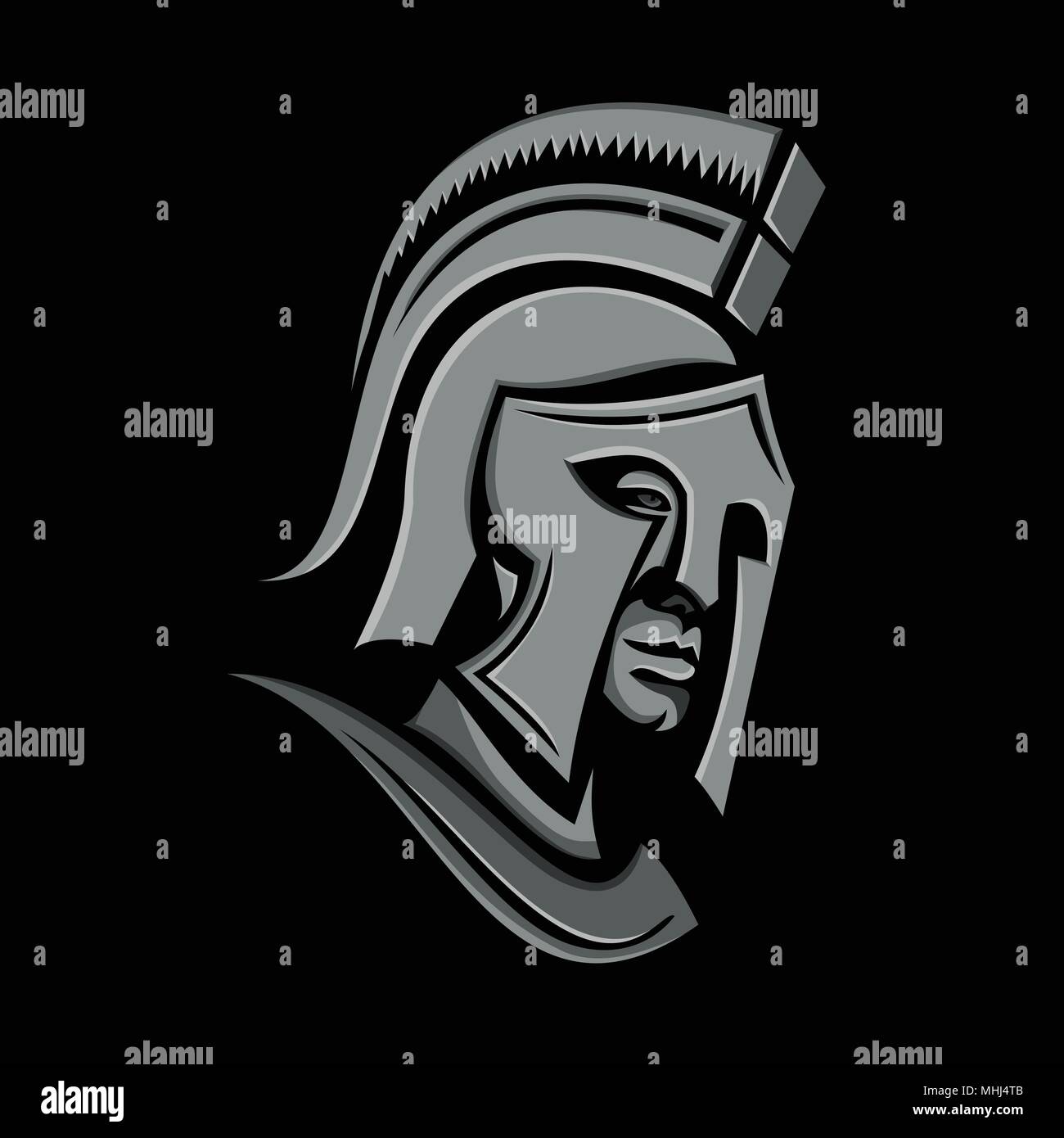 Plat à l'icône ou métalliques mascot illustration d'un guerrier spartiate portant casque vu de côté sur un fond noir. Illustration de Vecteur