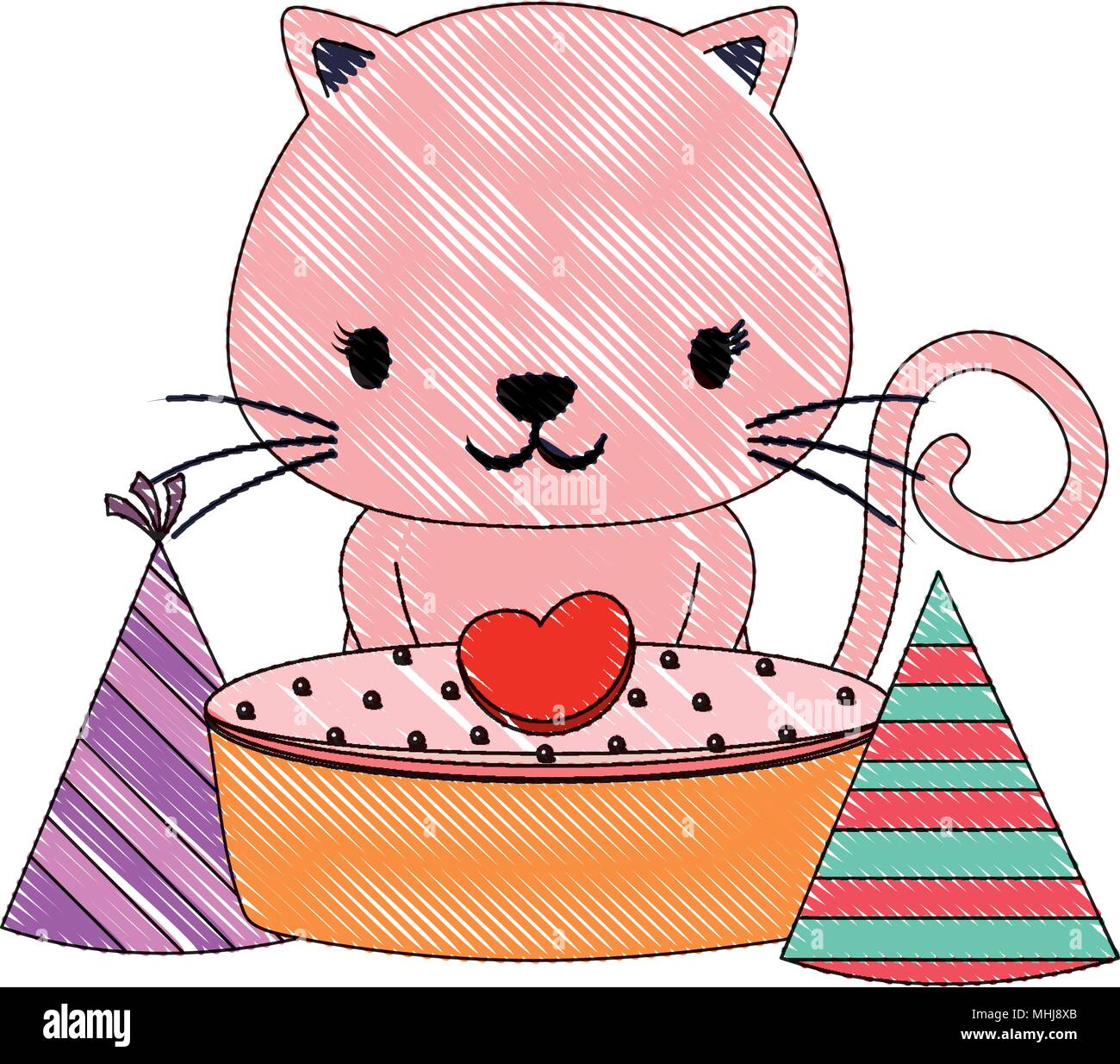 Joyeux Anniversaire Avec Un Chat Mignon Avec Gateaux Et Chapeaux D Anniversaire Sur Fond Blanc Design Colore Vector Illustration Image Vectorielle Stock Alamy